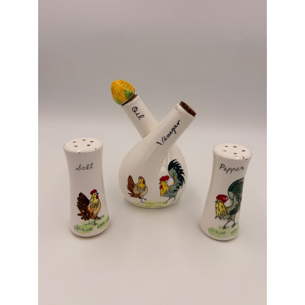 Vintage Ceramic Rooster Oil Vinegar Cruet Salt Pepper Shaker Set Farmhouse